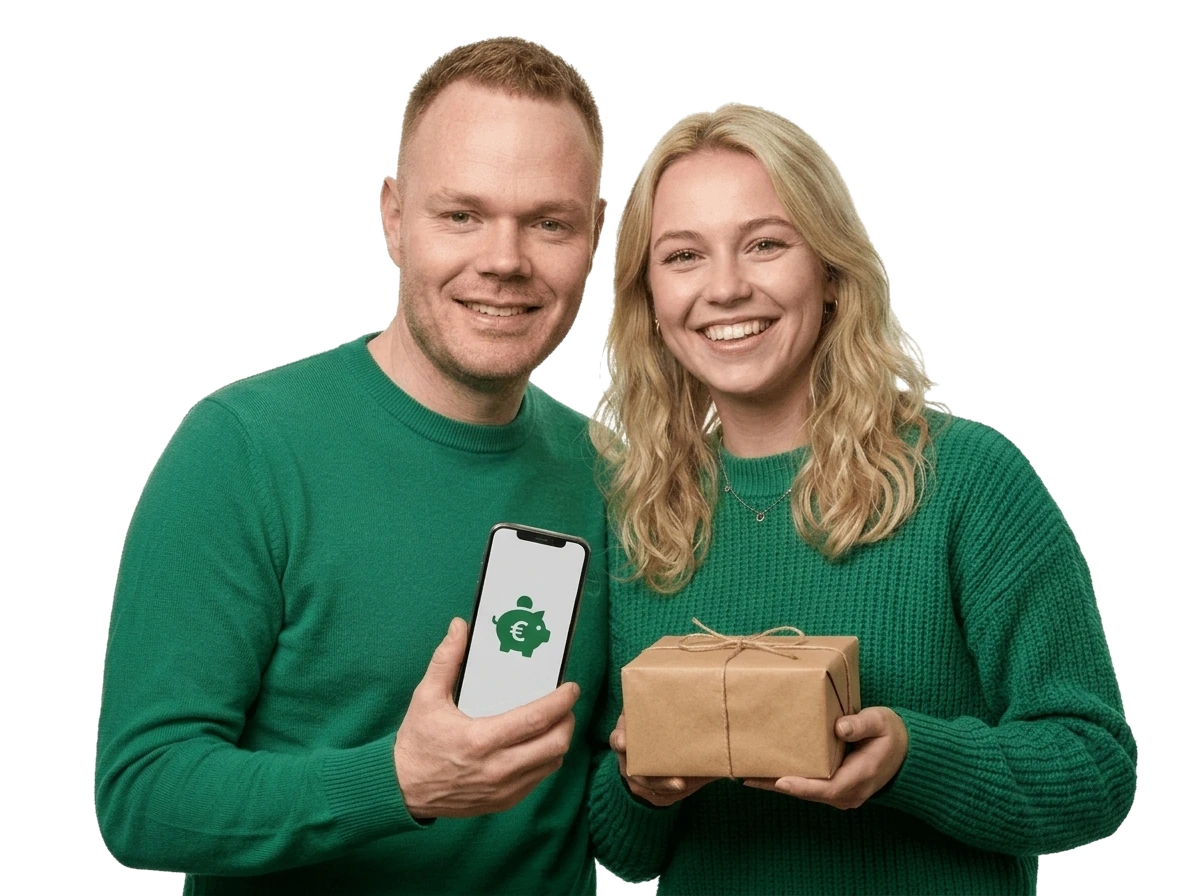 Cashback Nederland team Michael en Sophie met online aankoop en smartphone cashback app
